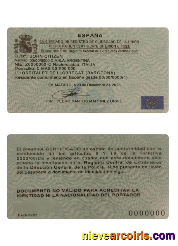 Spain registration certificate of union citizen